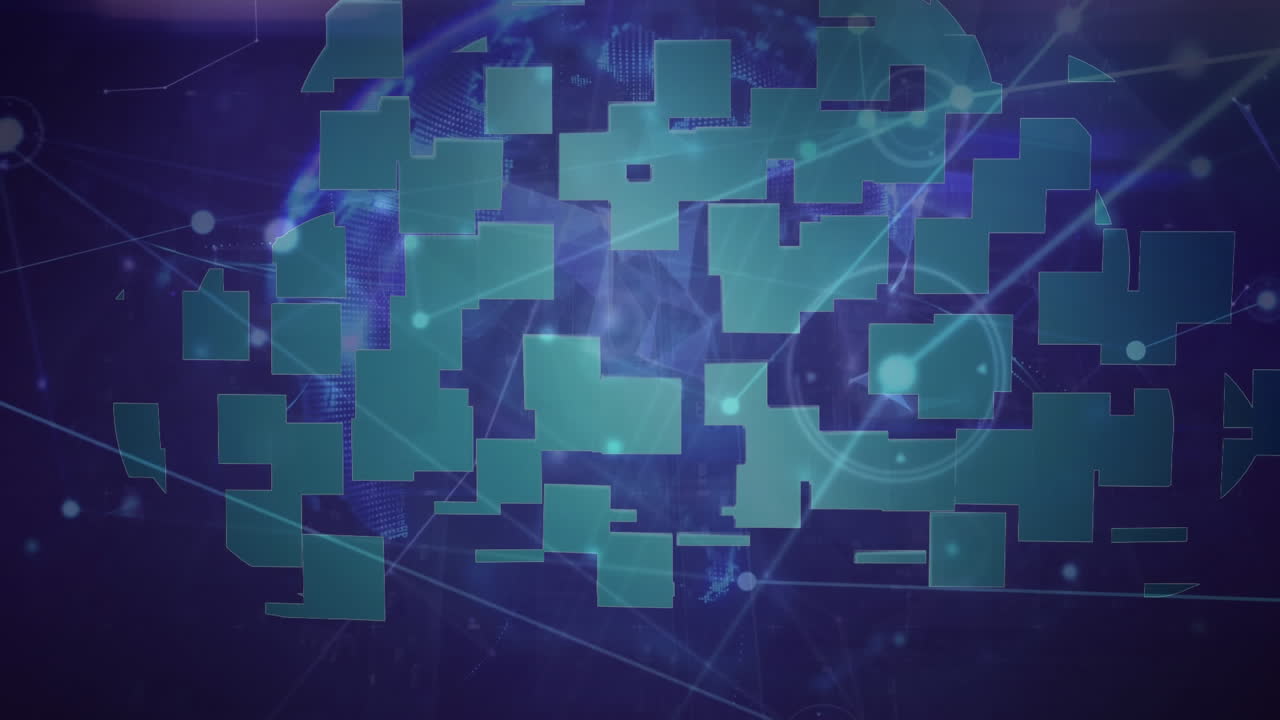 animación de formas cuadradas que forman un icono de nube y una red de conexiones sobre fondo azul