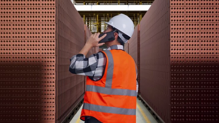 Factory Worker on Phone in Brick Storage Area