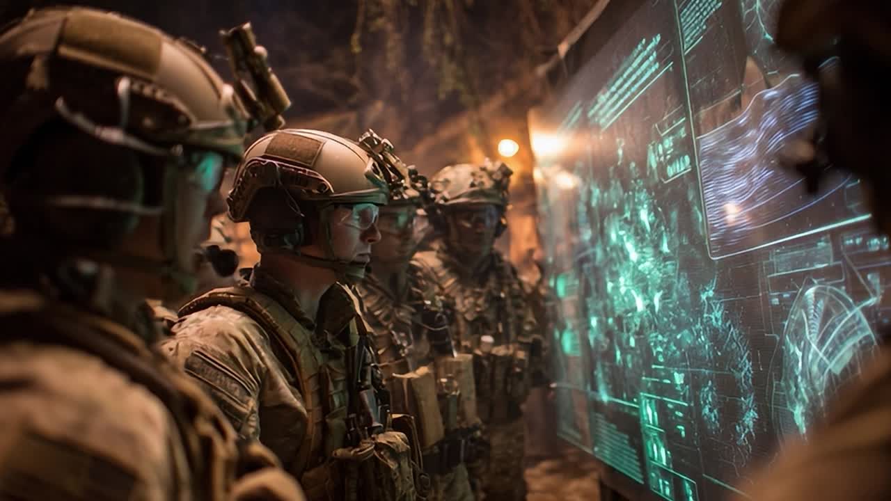 Militares analisam dados no posto de comando de operações noturnas
