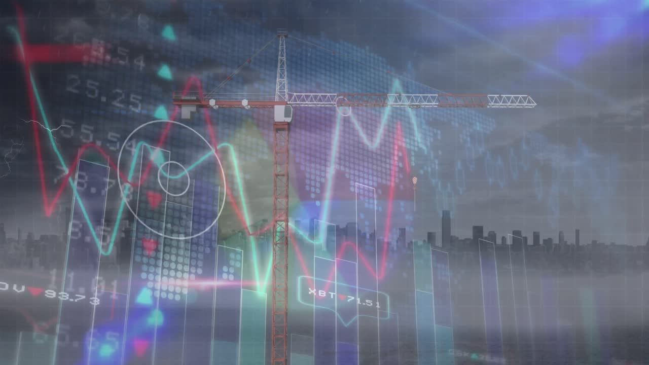 Animation of statistical and stock market data processing against construction site and cityscape