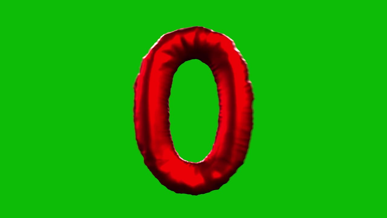 Red Foil balloon number 0 inflates, spins, and reveals on green screen in 3D animation. Ideal for celebrations, parties, birthdays, and video editing projects