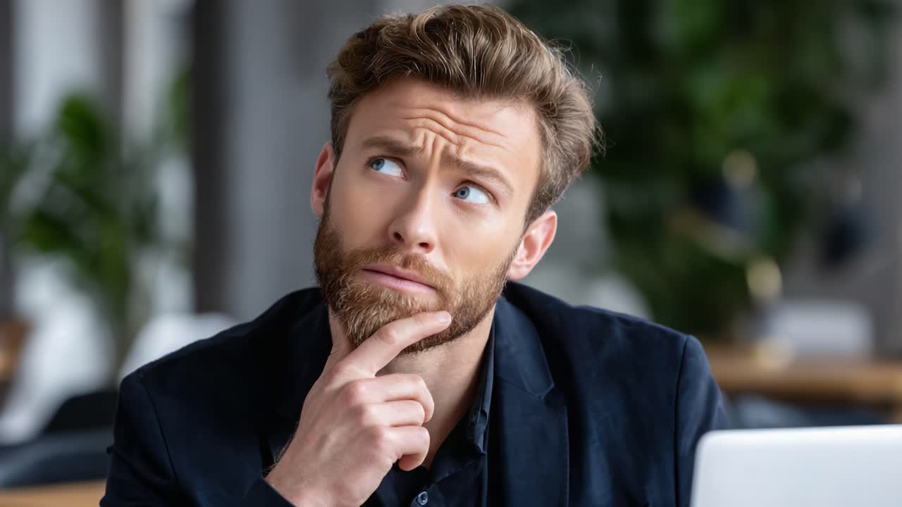 A Deep Contemplation: A Man in Thought Reflecting on His Choices and Emotions in a Modern Setting with Natural Light and Greenery in the Background