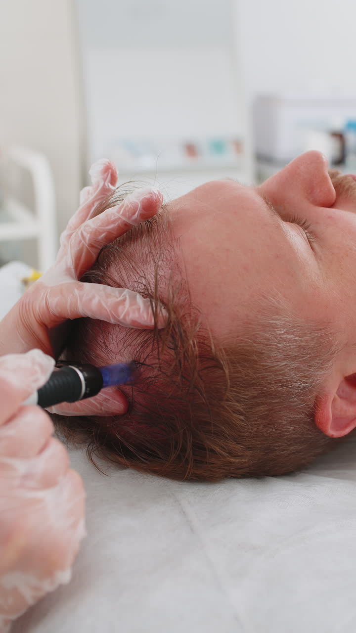 tricólogo haciendo hombre mejorar el crecimiento del cabello procedimiento dermapen microneedling inyecciones de vitaminas