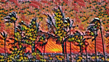 Animación-De-Mosaico-Artístico-De-Palmeras-Agitadas-Por-El-Viento-Al-Atardecer-O-Al-Amanecer