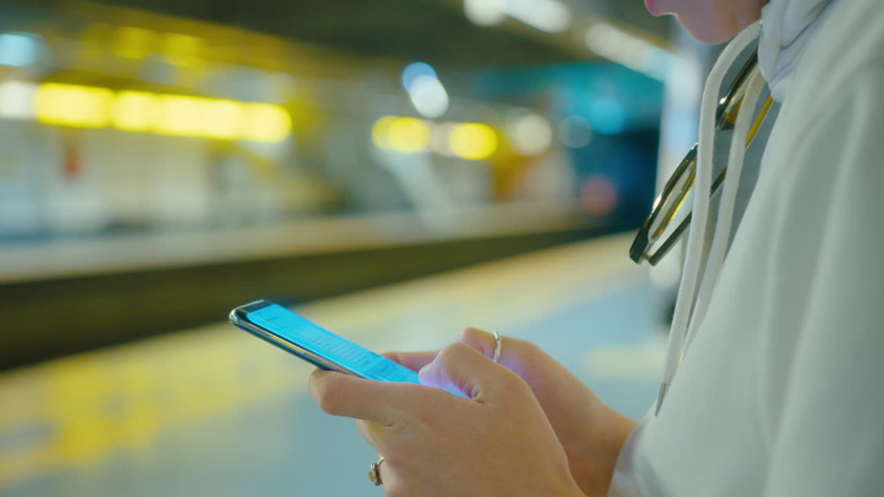 Close-Up of Woman Texting on Smartphone in Underground