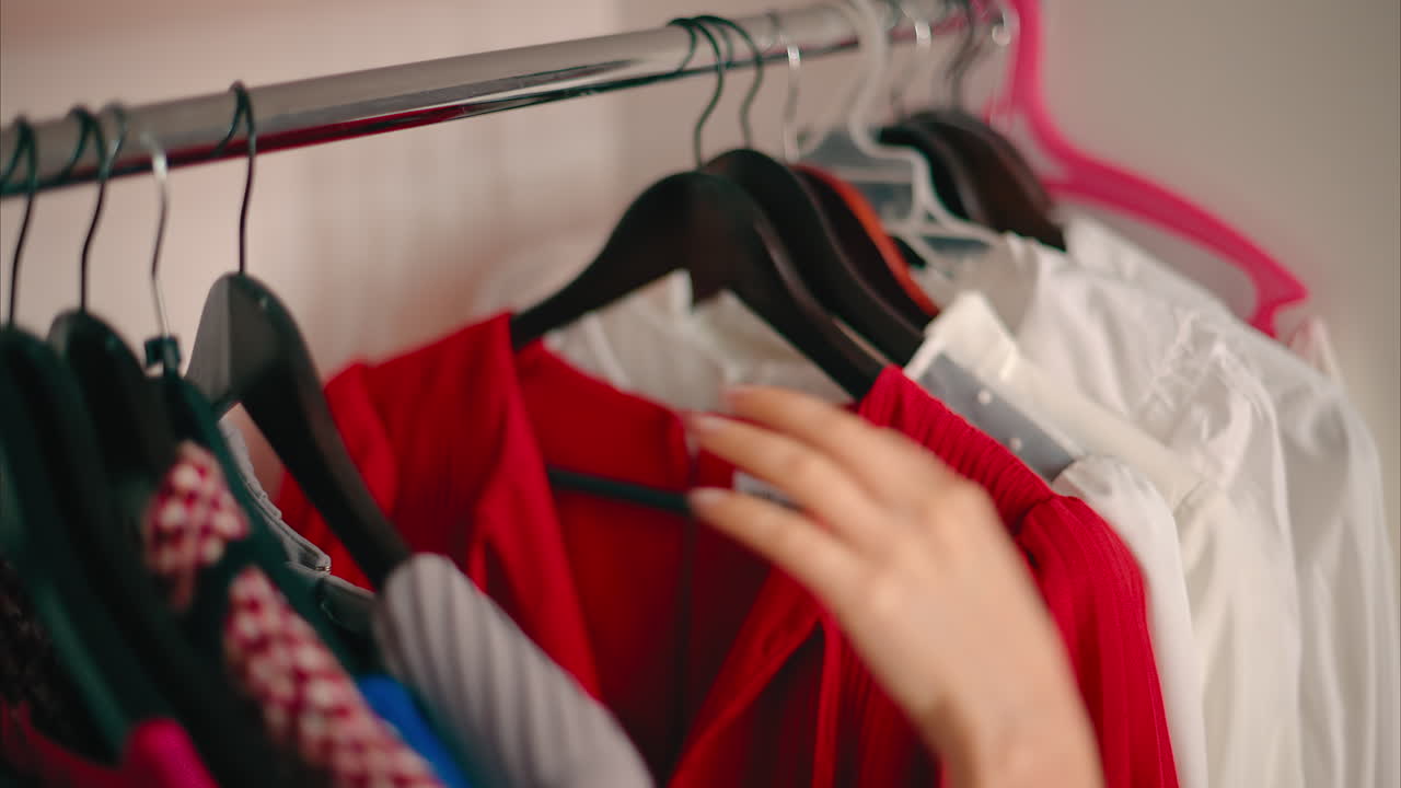Close-up of Female Hands Plucked Hanger choosing clothes in wardrobe
