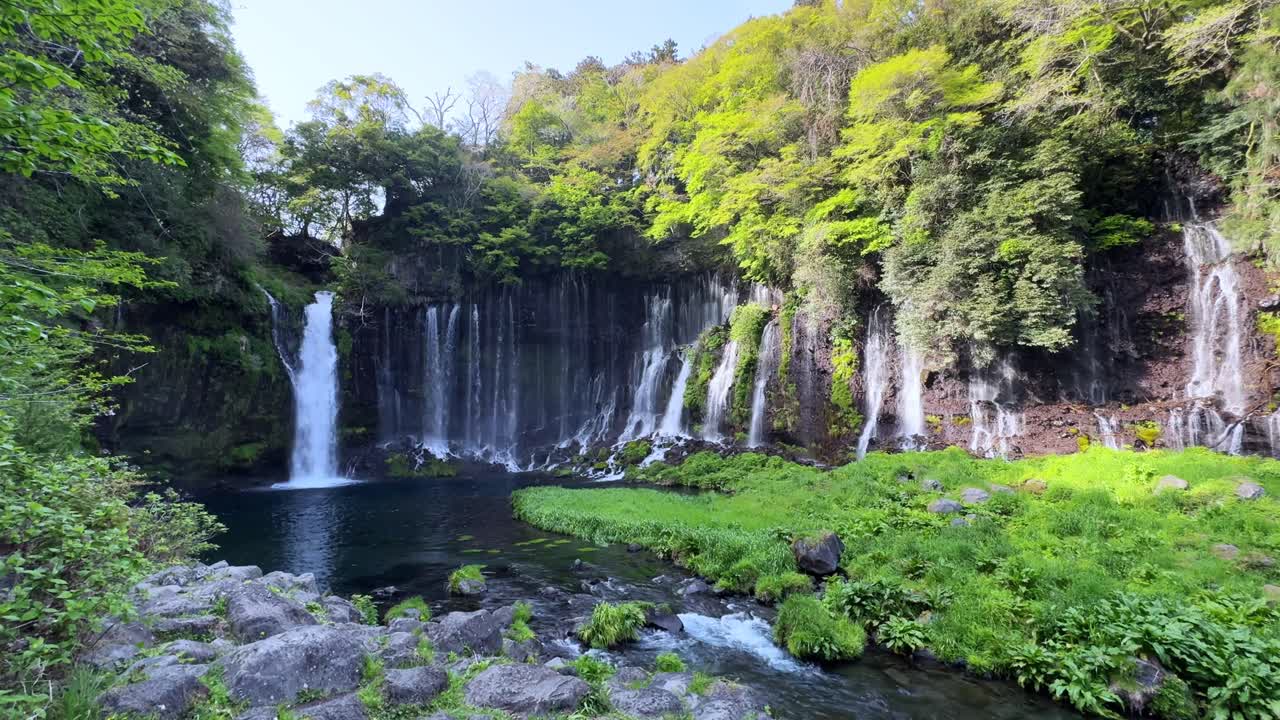 Shiraito Falls at Mount Fuji captured in scenic beauty with flowing waterfalls