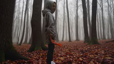 person walking in a misty autumn forest