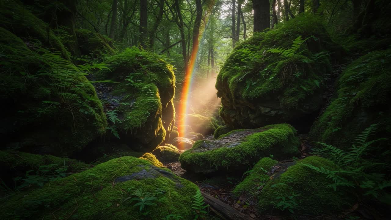 Et fredfyldt møde med naturen: Sollyset taler gennem den grønne skovsprække og oplyser de mystiske mosdækkede klipper og den frodige vegetation