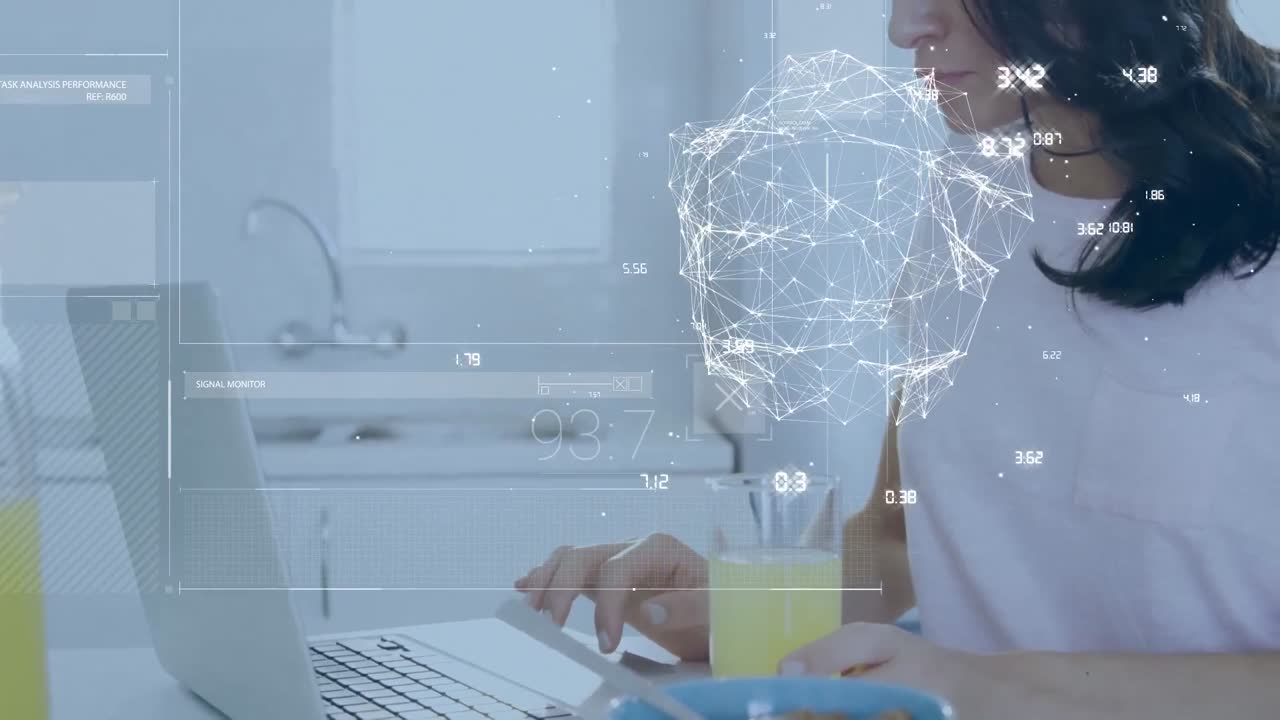 animación de globo de red de conexiones contra mujer caucásica usando portátil en casa