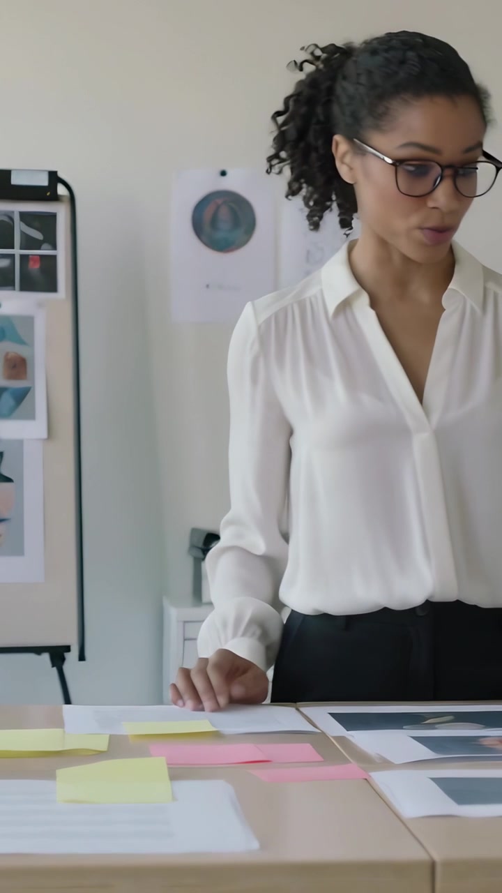 Video verticale: Donna in top bianco che entra nell'inquadratura, sistema stampe con post-it alla scrivania per la revisione