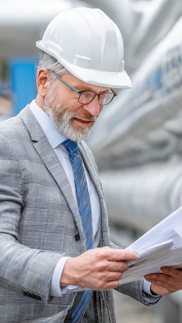 Un profesional diligente con sombrero y traje evalúa documentos en una obra en construcción, prestando atención a los protocolos de seguridad y al progreso del proyecto con una actitud concentrada.