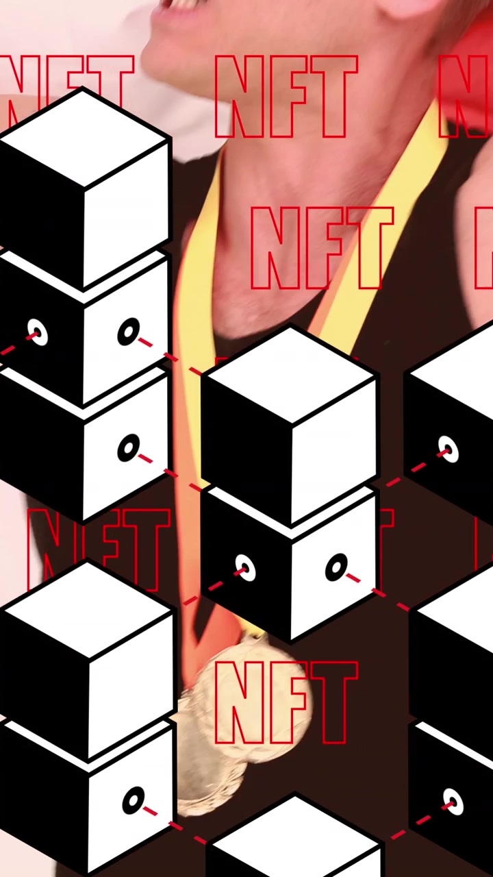 Vertical video: Man turning, raising red banner, celebrating medal while NFT overlay masking face