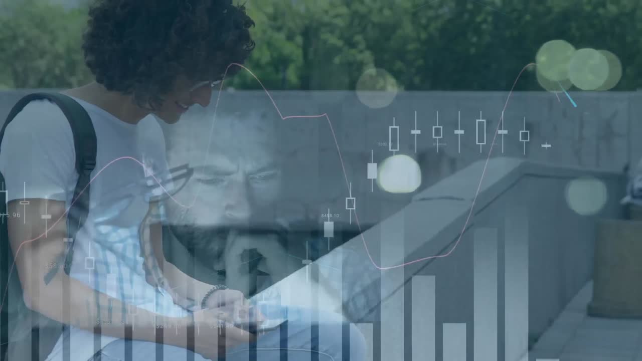 Animation of financial data processing over mixed race man using smartphone