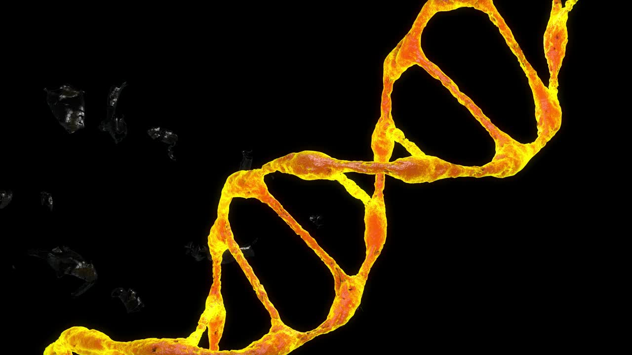 dna 분자는 파괴되고 검은 바탕에 회전하여 돌연변이를 일으킨다.