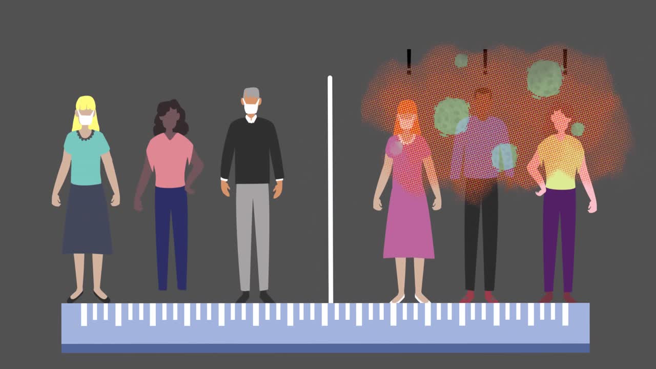 사회적 거리두기 덕분에 바이러스가 있는 사람이나 없는 사람들과 함께 디지털로 생성된 이미지