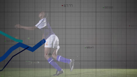 graph and data analysis animation over soccer player jumping on field