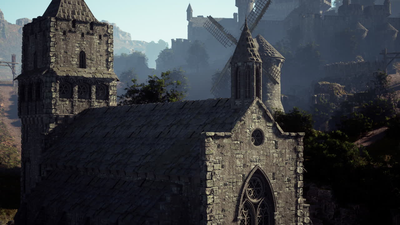 paisaje del pueblo medieval con iglesia y castillo