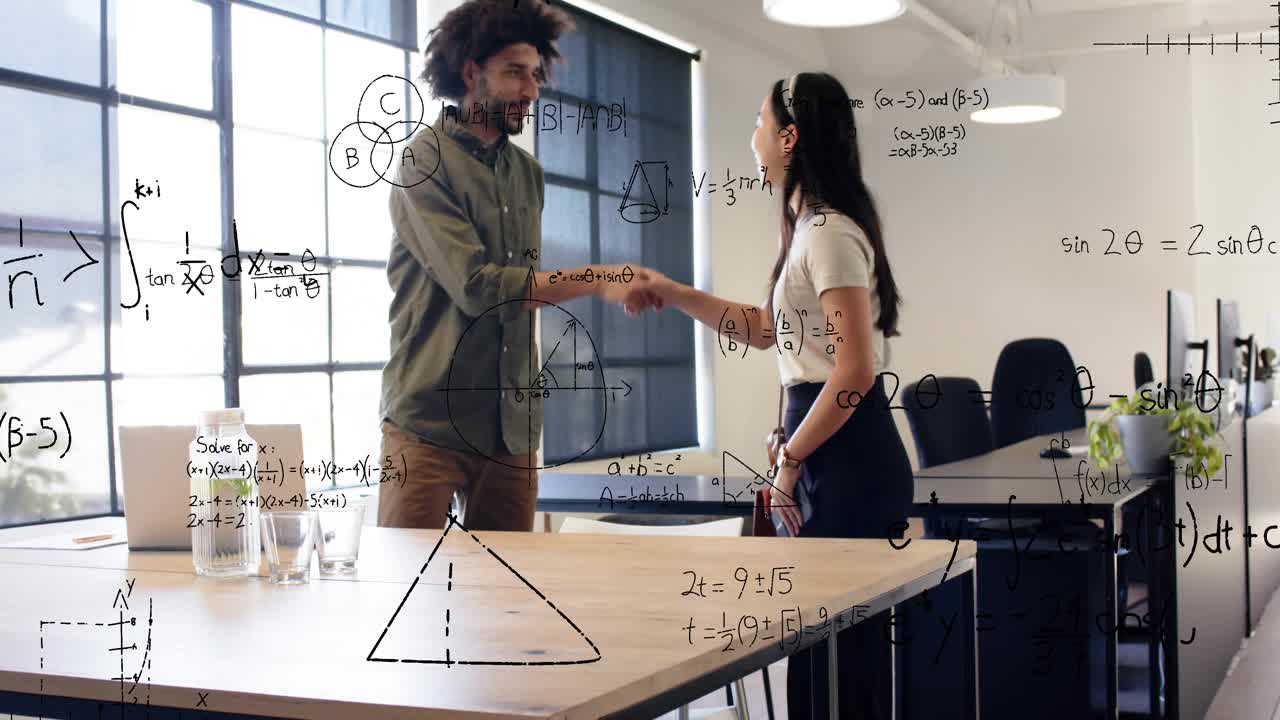 Man at table using laptop, woman entering greeting man, shaking hands, education diagrams emerging