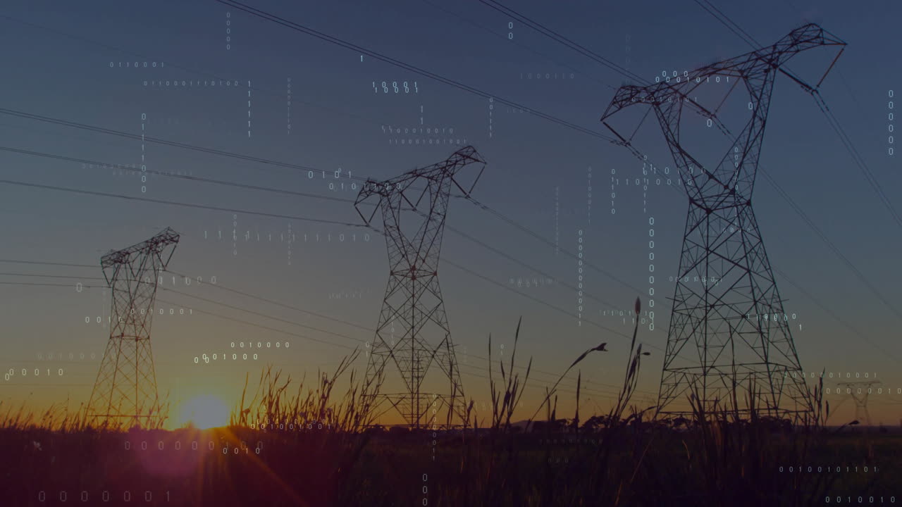 High-voltage transmission towers being animated in rural sunset scene, with floating binary overlay