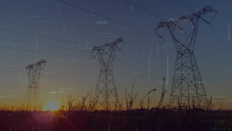 high-voltage transmission towers being animated in rural sunset scene, with floating binary overlay