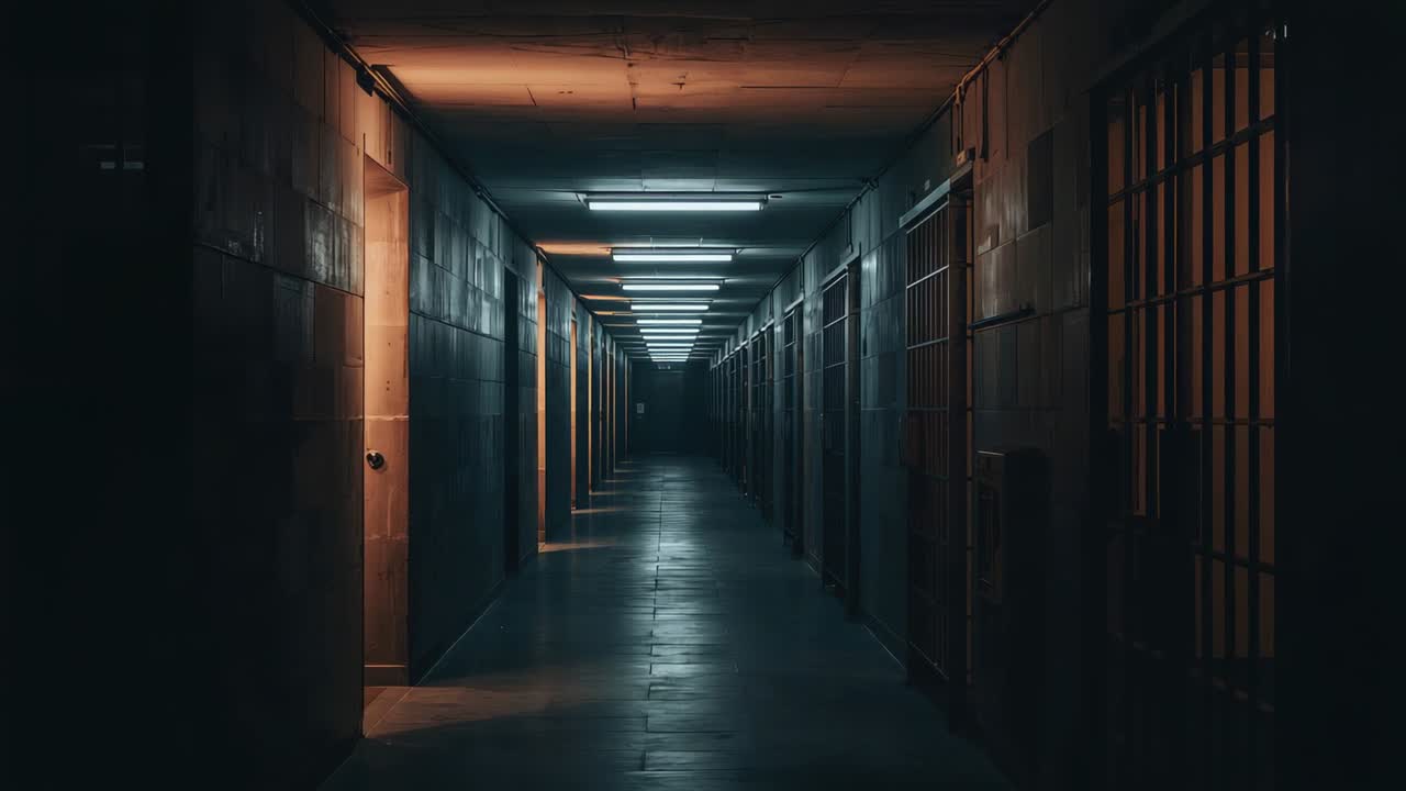 Recording camera capturing central corridor in prison for security, showing barred cells, doors