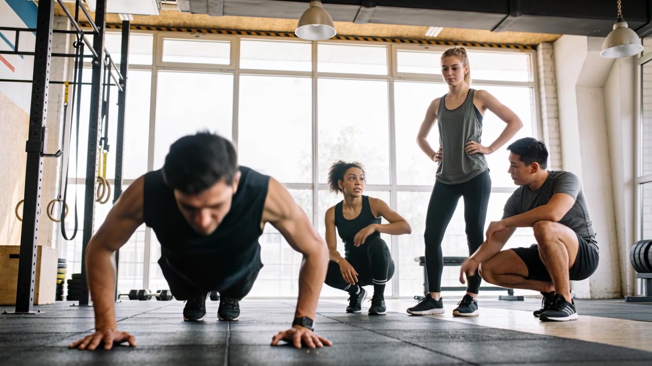 Un principiante che fa flessioni in posizione di plank in palestra, indossando un top nero e uno smartwatch, con l'allenatore che indica la forma corretta