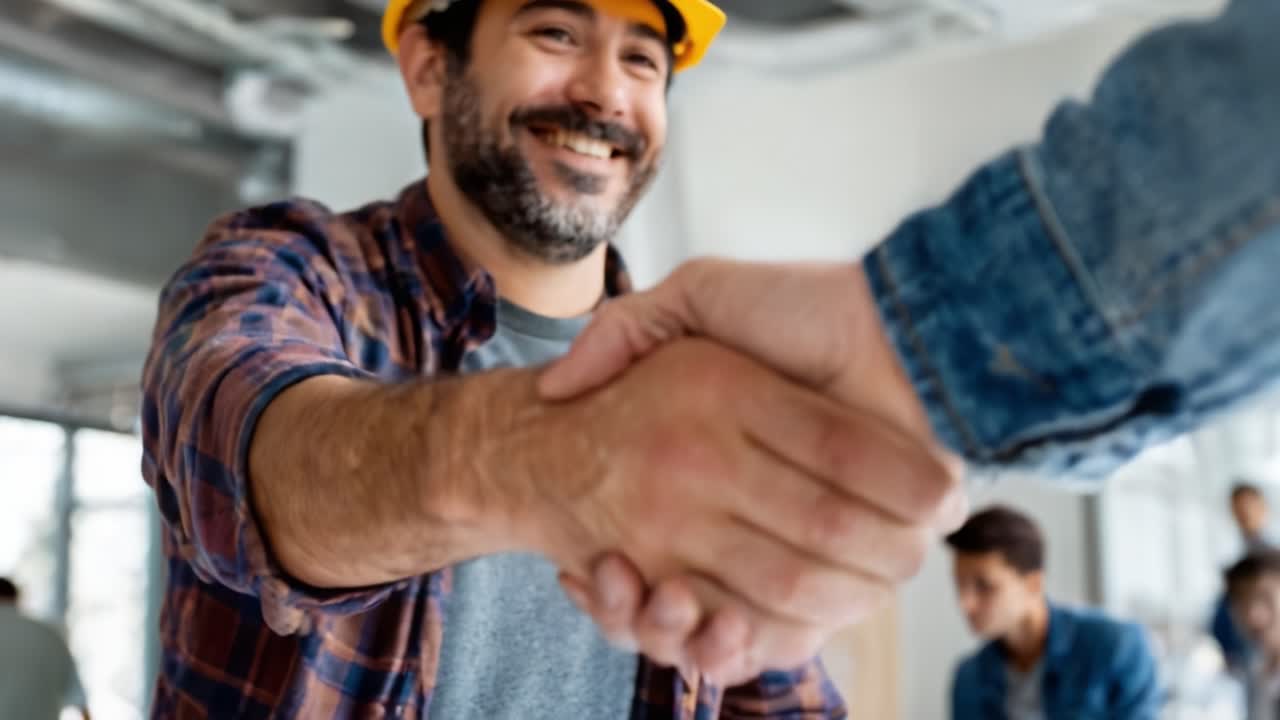 Due individui si stringono la mano con decisione, simboleggiando collaborazione e accordo, in un ambiente di lavoro moderno caratterizzato da lavoro di squadra e professionalità.