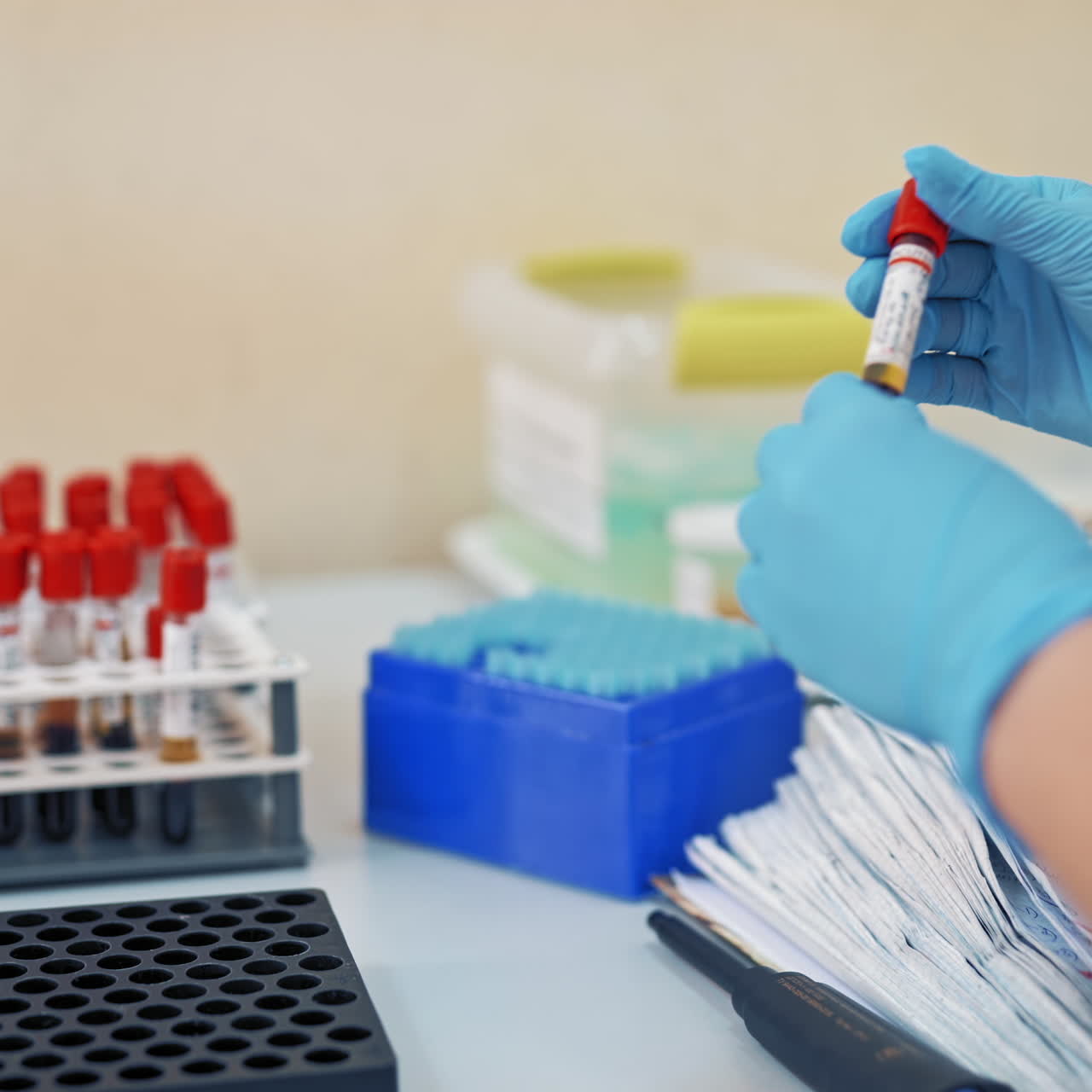 Laboratory worker is putting tubes with blood on a rack. Hands of a female nurse in sterile gloves working with vials on the table in a laboratory. Close-up.