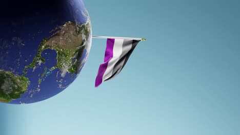 the asexual pride flag and pole on top of the world turning around in a blue background animation video 4k