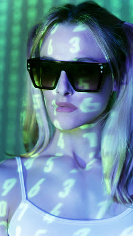 portraits of a young woman with blue light and geometric projections