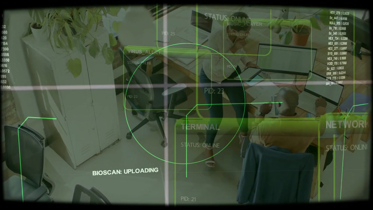 Standing woman showing tablet to coworker, initiating BIOSCAN and tech reticle focusing for review