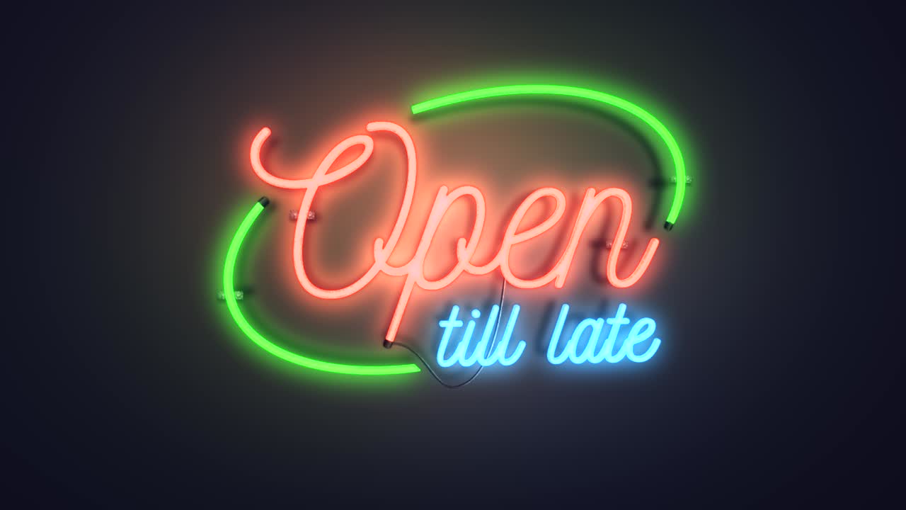 Realistic 3D render of a vivid and vibrant animated neon sign, with the words Open Till Late illuminated, with a plain background