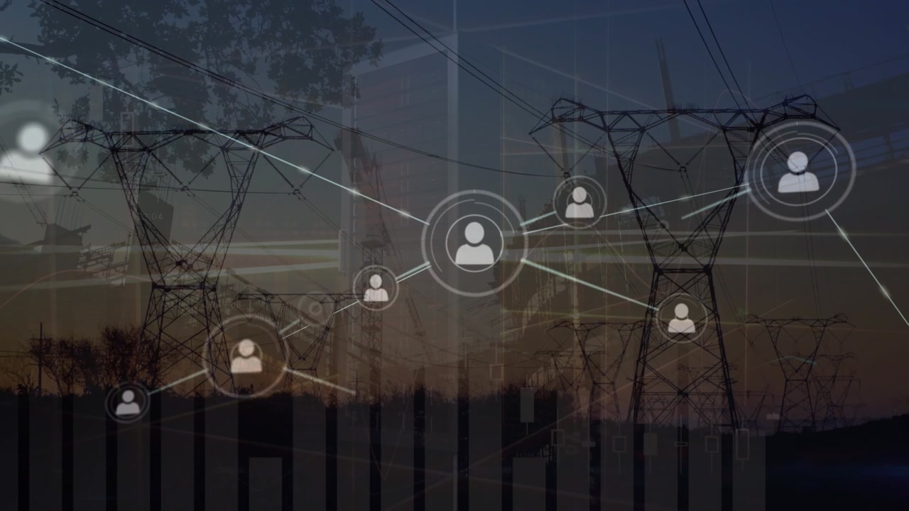 Animation of network of connections and graphs over electricity poles at sunset and server