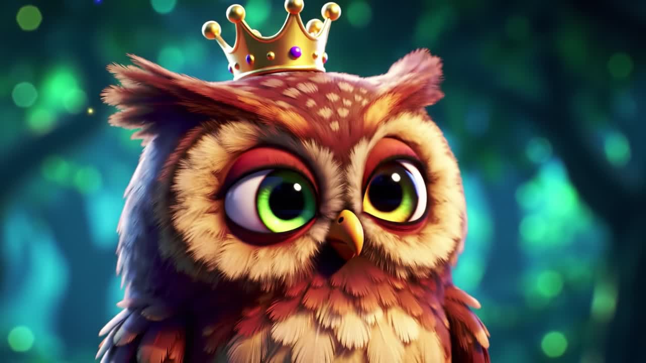 A Majestic Owl with a Crown: A Charming Character Illuminated by Enchanted Forest Lighting, Radiating Wisdom and Regal Presence