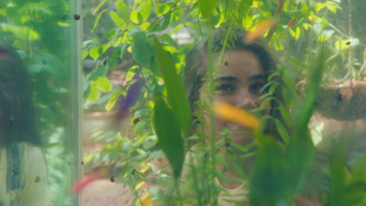 peces, acuario y niños con una chica que busca