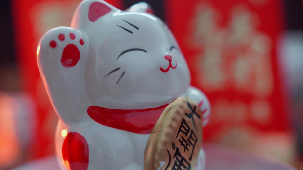 Lähikuva Maneki-neko-onnenkissasta, joka heiluttaa tassuaan