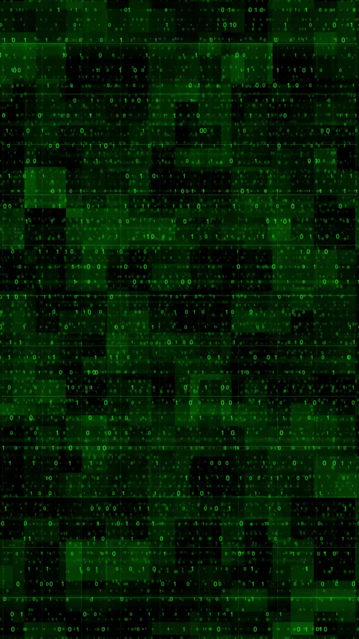 Green matrix city code background with glowing binary blocks reflected digital floor and cyber data