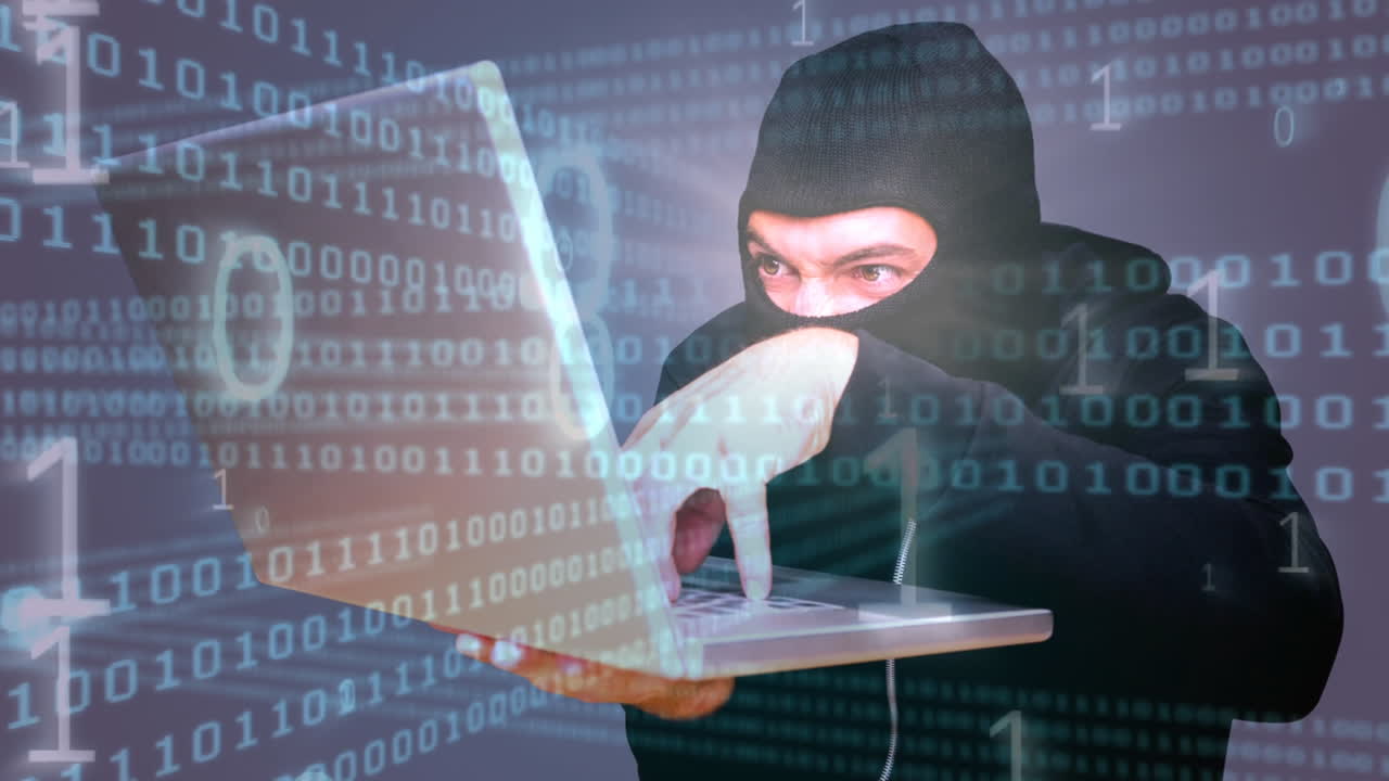 animación digital de un hacker hackeando la computadora portátil 4k