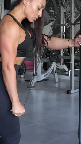 a beautiful strong woman trains the muscles of her arms and back. strength training in the gym
