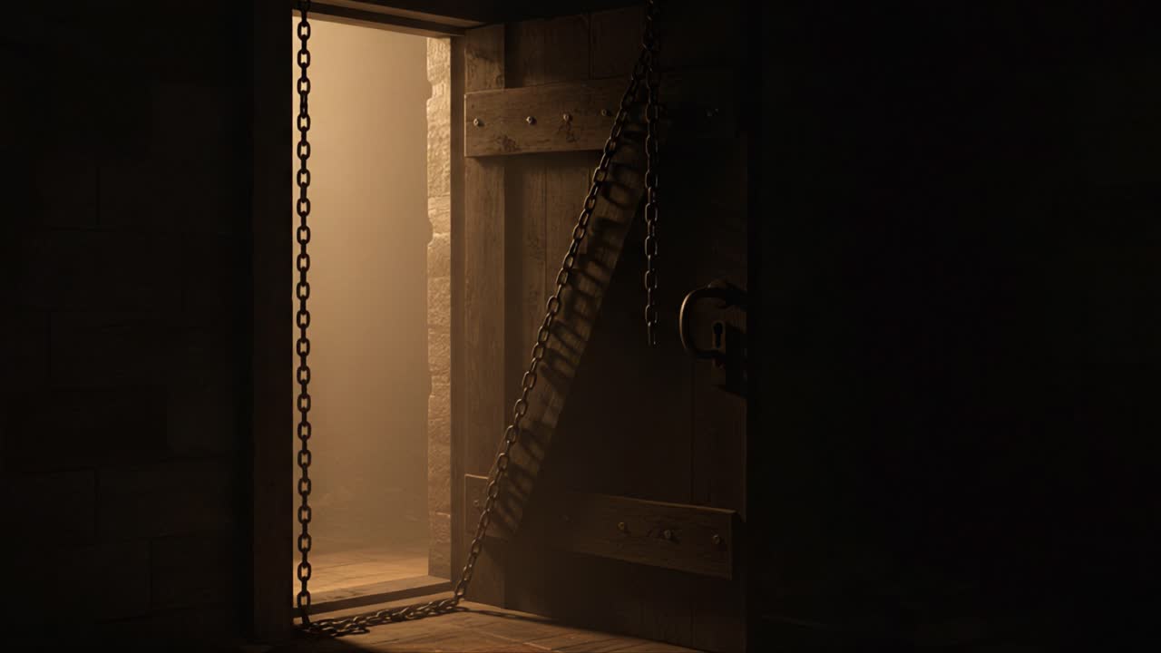 A Dark, Mysterious Doorway: An Eerie Scene of an Old, Chain-Locked Door Bathed in Soft Light, Suggesting Secrets Await Beyond the Threshold