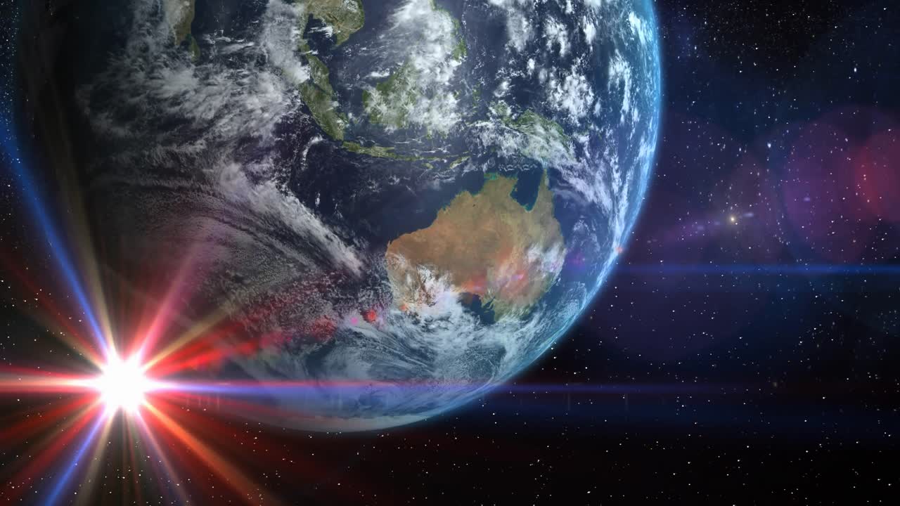 우주에서 지구 행성의 애니메이션과 우주에서 볼 수 있는 다채로운 반 ⁇ 이는 별