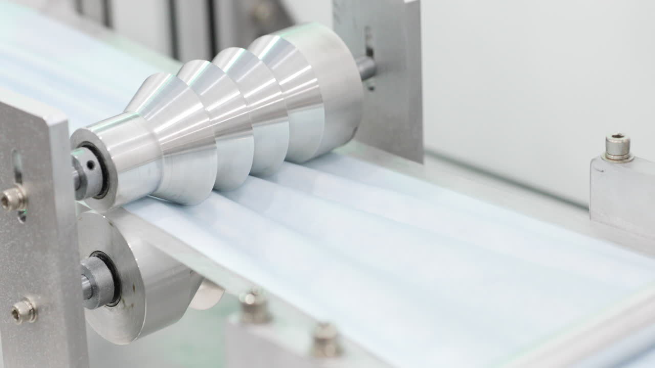 자동화된 기계는 수술용 마스크를 위한 파란색 패브릭 스트립을 만듭니다 - 코로나 바이러스 보호 - 틸트 다운, 슬로우 모션