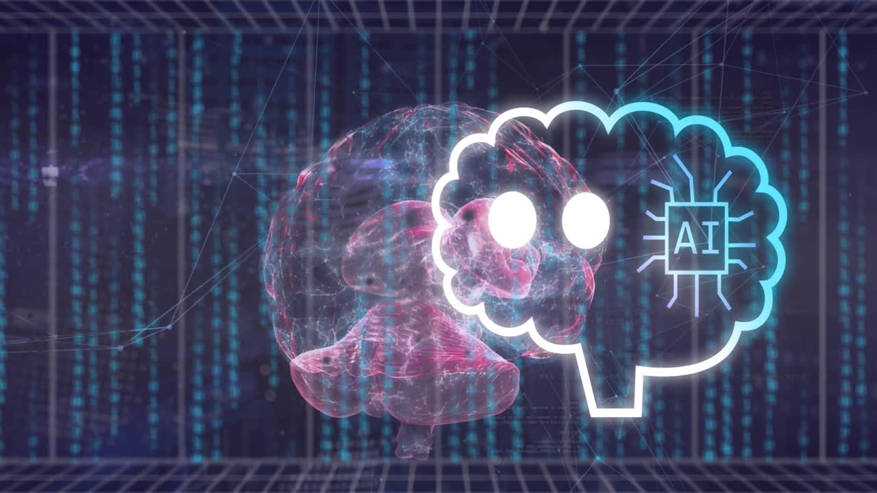 Animation of speech bubbles, binary codes, robot and brains over abstract background