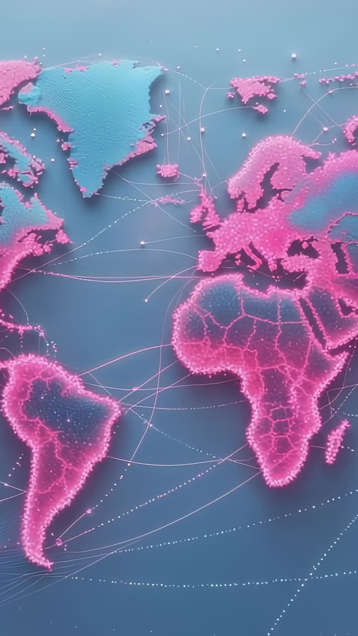 Vertical video: Animating pixel map pulsing nodes and tracing arcs on canvas, highlighting network