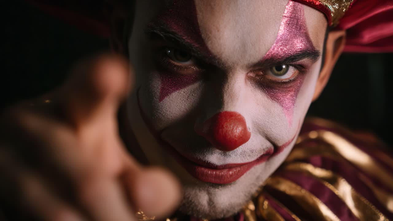 Captivating Clown: An Eerie Encounter with a Colorful Character in Intense Close-Up, Revealing the Intriguing Playfulness and Sinister Charm of This Performer