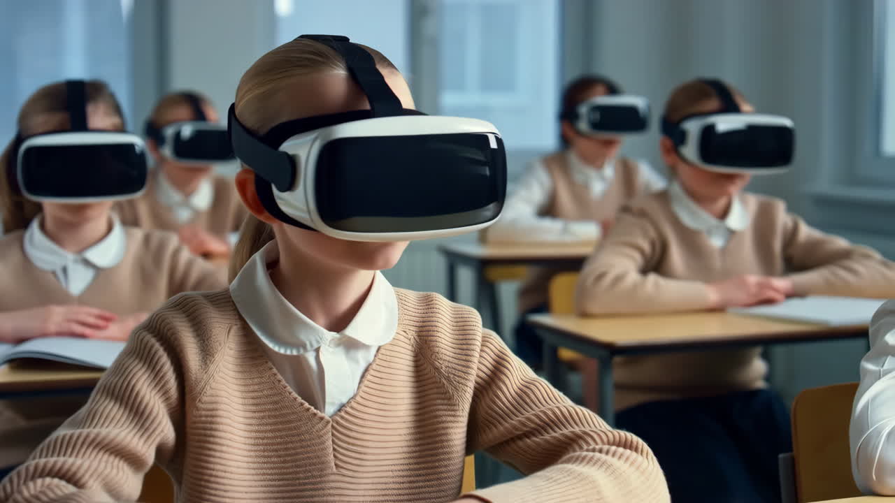 Students learning with virtual reality headsets in a classroom