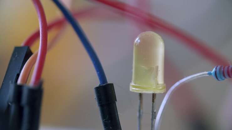 Extreme close up of a yellow led flashing