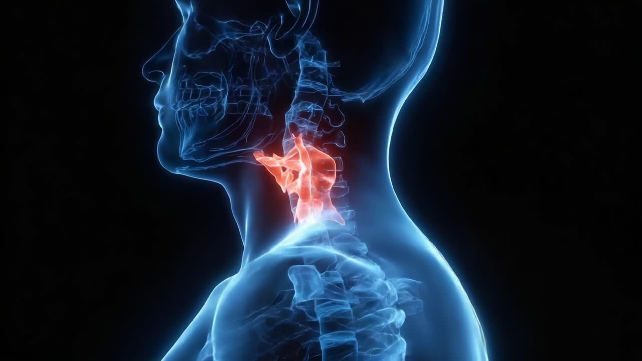 Una visualizzazione dettagliata dell'anatomia del collo e della colonna vertebrale umana che illustra la laringe e le vertebre con colori radiosi a scopo educativo
