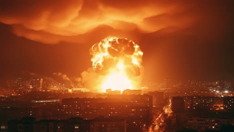 massive fiery explosion consuming urban skyline, spreading intense orange blaze across nighttime cityscape, representing catastrophic conflict or disaster aftermath